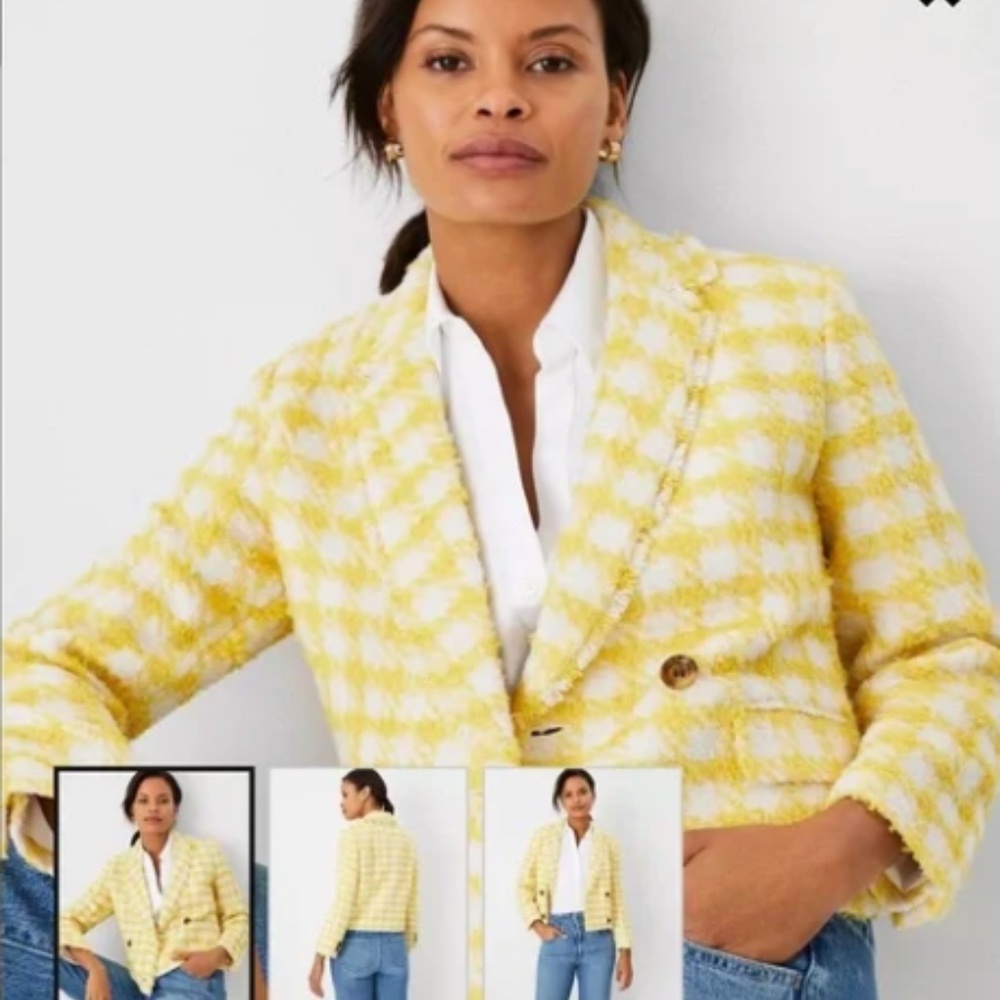 Ann Taylor Yellow and White Plaid Fringe Tweed Jacket